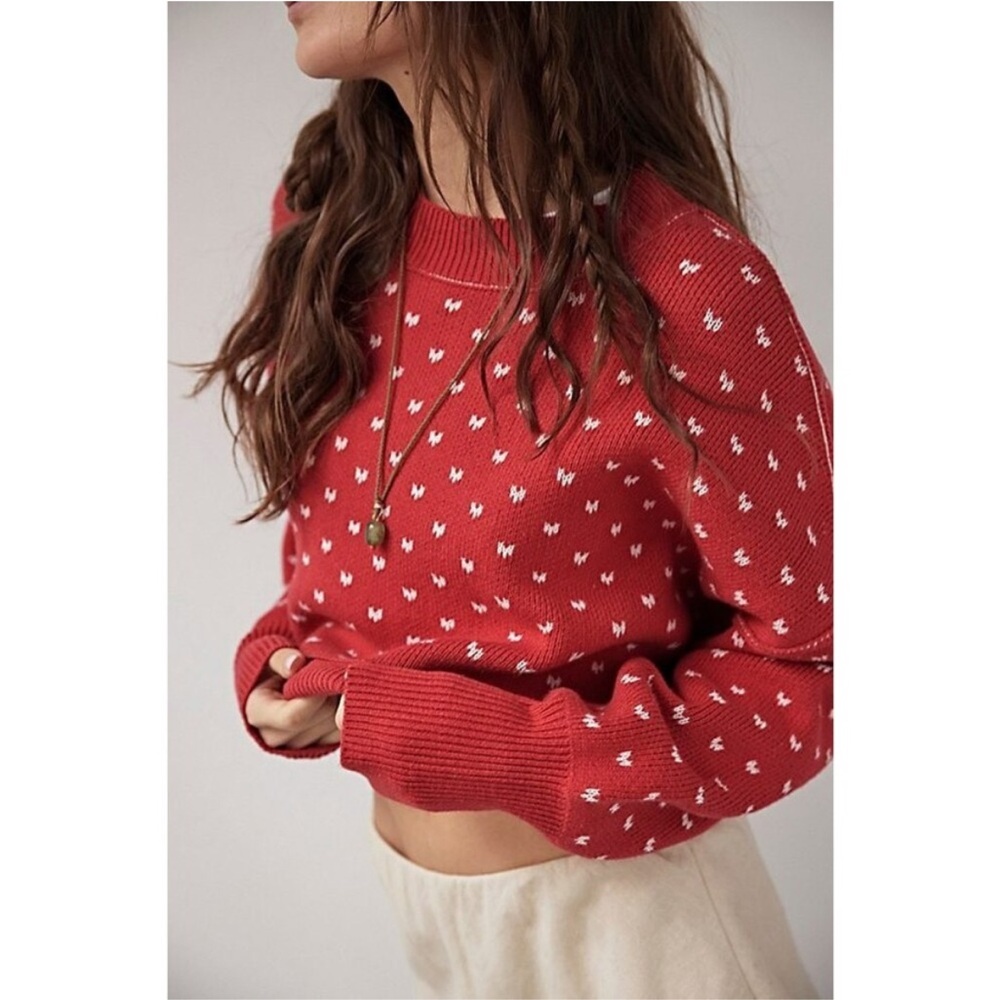 Free People Red and White Patterned Sweater, Size L, BNWT